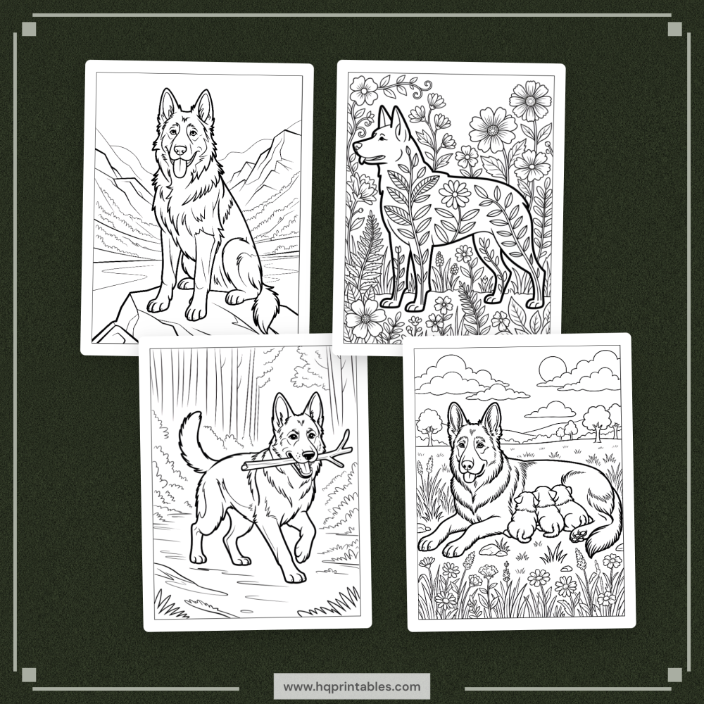 A printable adult coloring page featuring a realistic portrait of a German Shepherd.