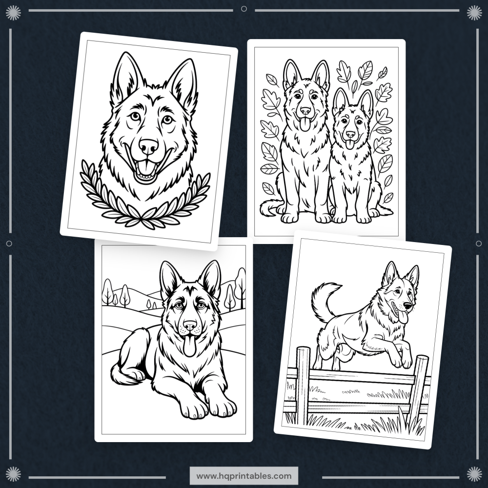 A printable adult coloring page featuring a realistic portrait of a German Shepherd.
