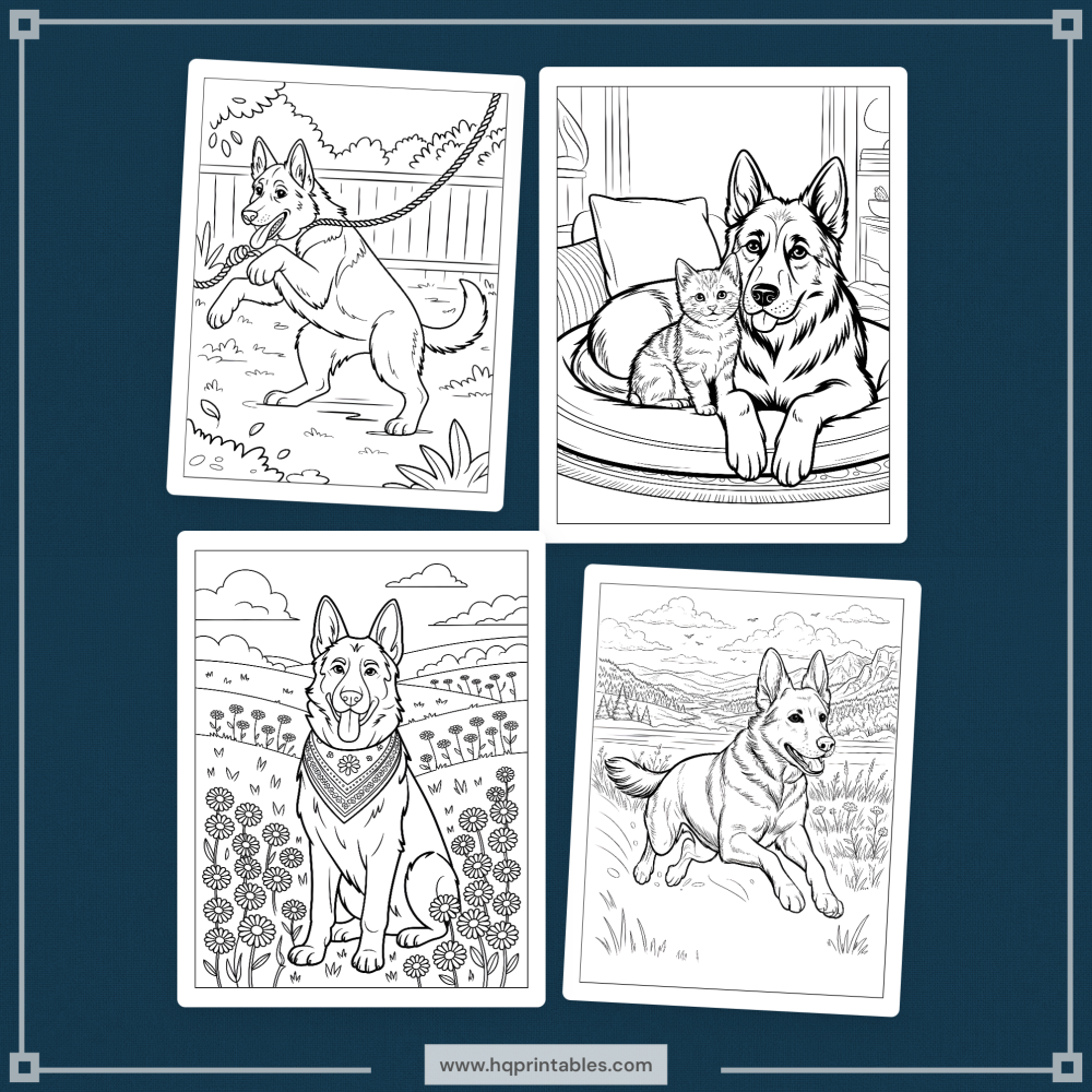 A printable adult coloring page featuring a realistic portrait of a German Shepherd.