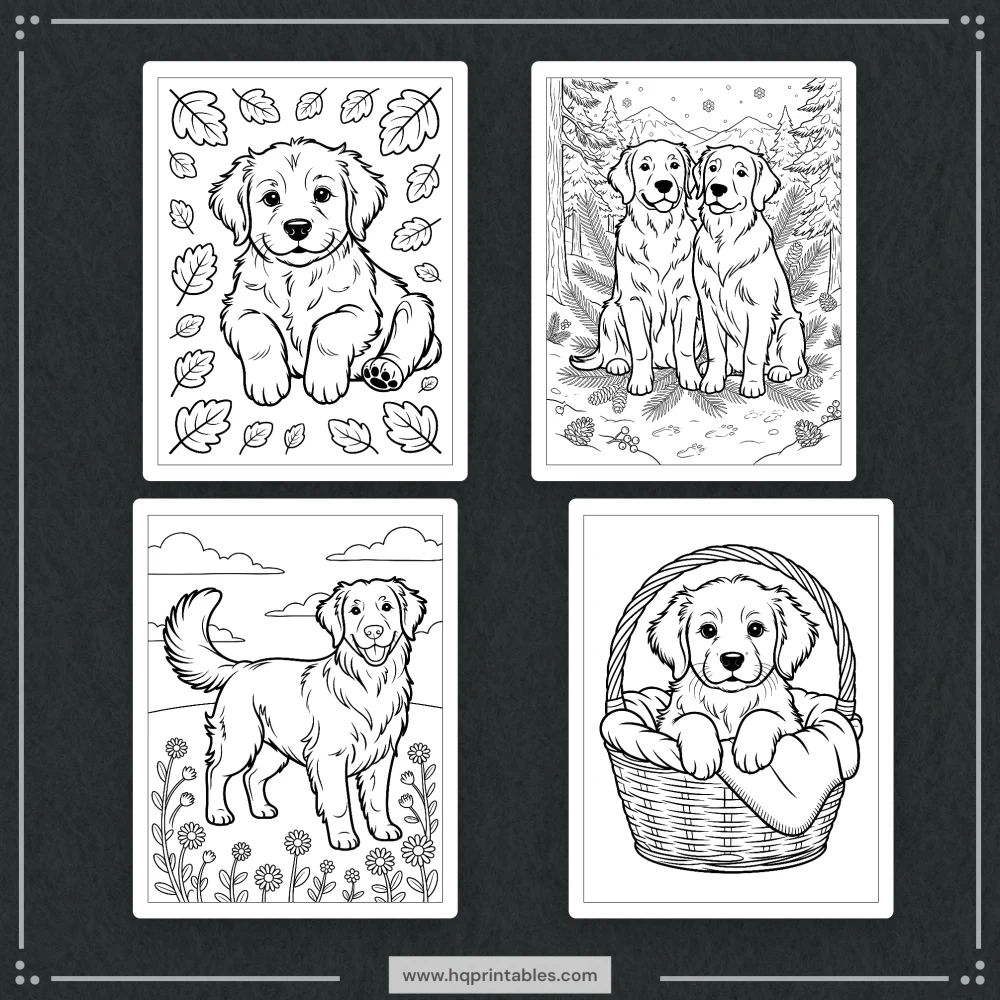 A printable adult coloring page featuring a realistic portrait of a Golden Retriever.