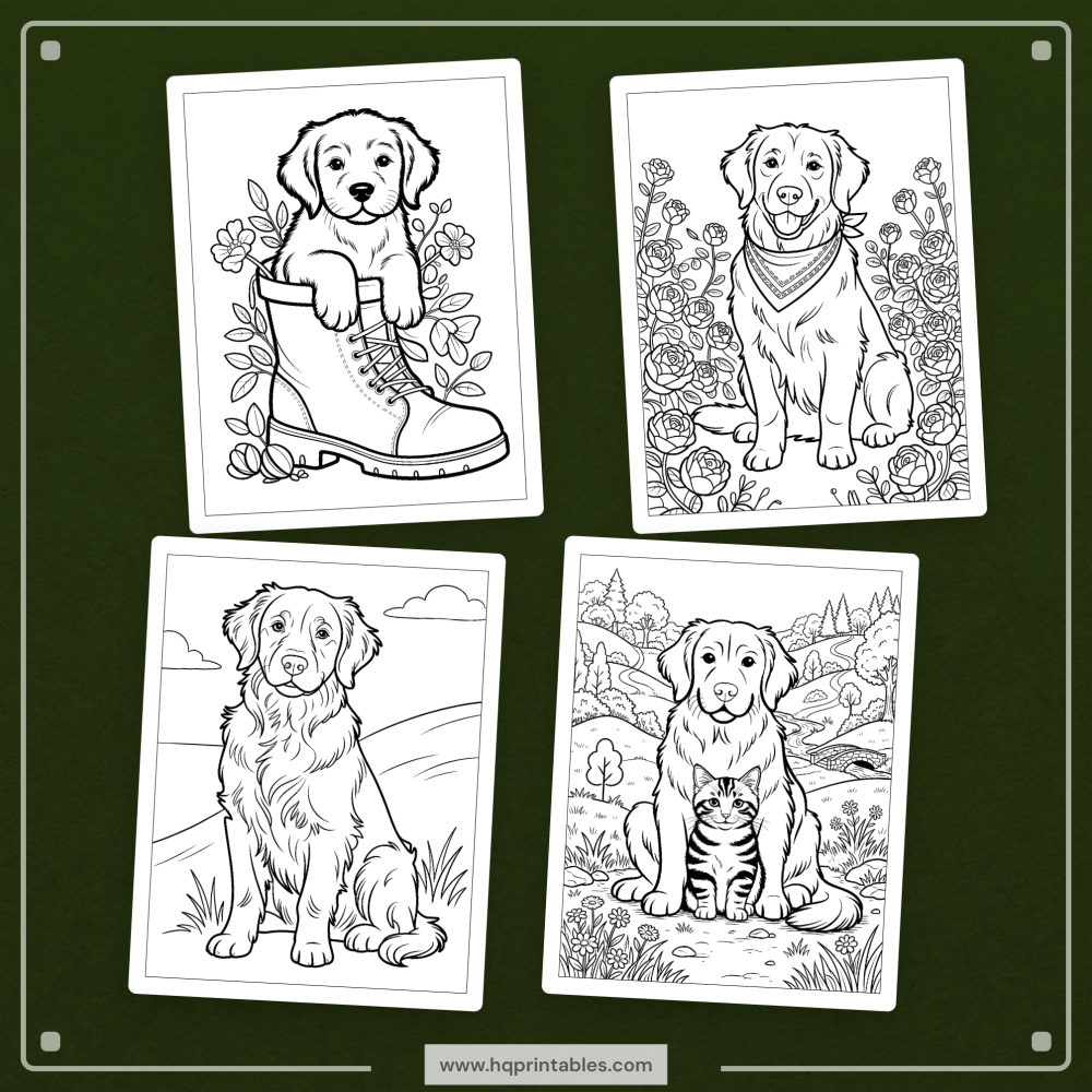 A printable adult coloring page featuring a realistic portrait of a Golden Retriever.