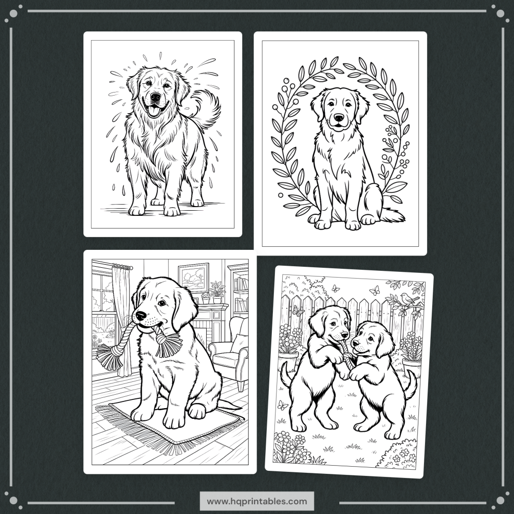 A printable adult coloring page featuring a realistic portrait of a Golden Retriever.