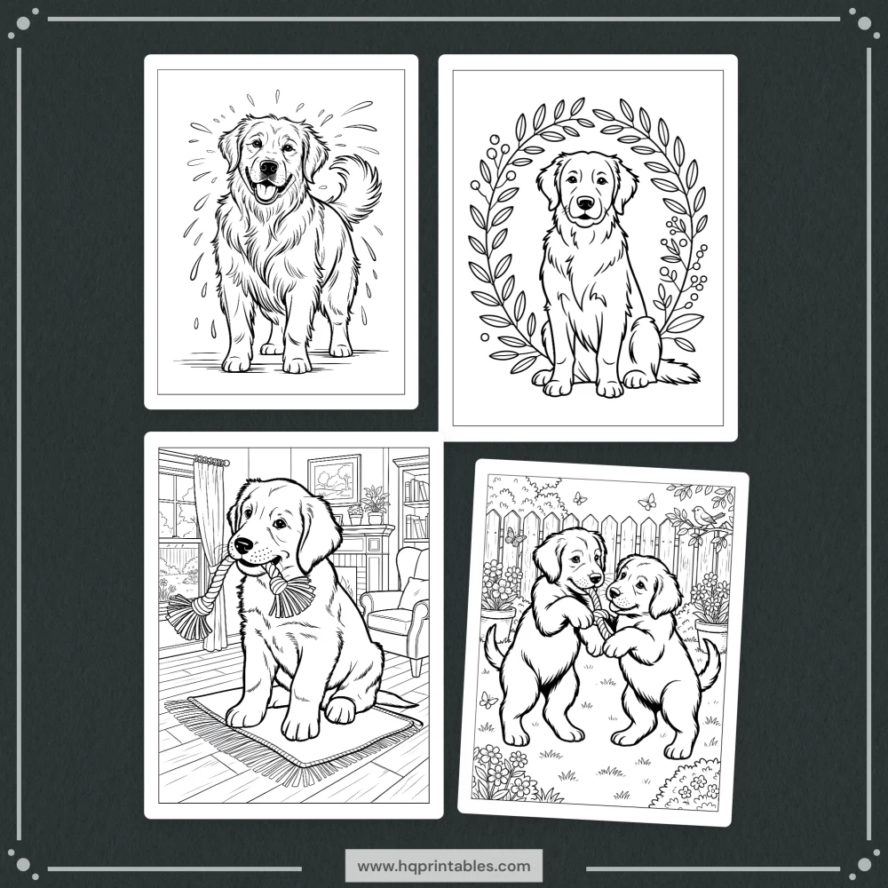 A printable adult coloring page featuring a realistic portrait of a Golden Retriever.