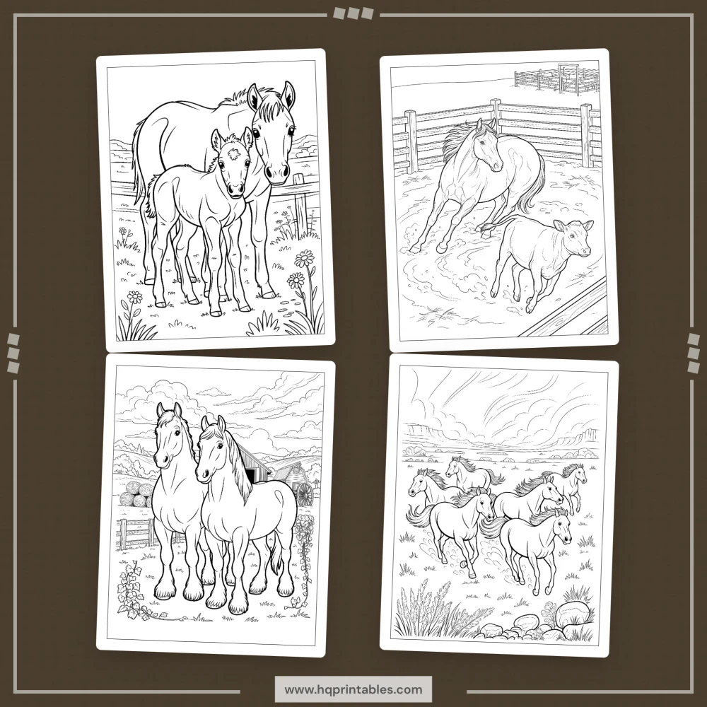 A printable adult coloring page featuring realistic equine portraits of Arabian and Mustang horses.