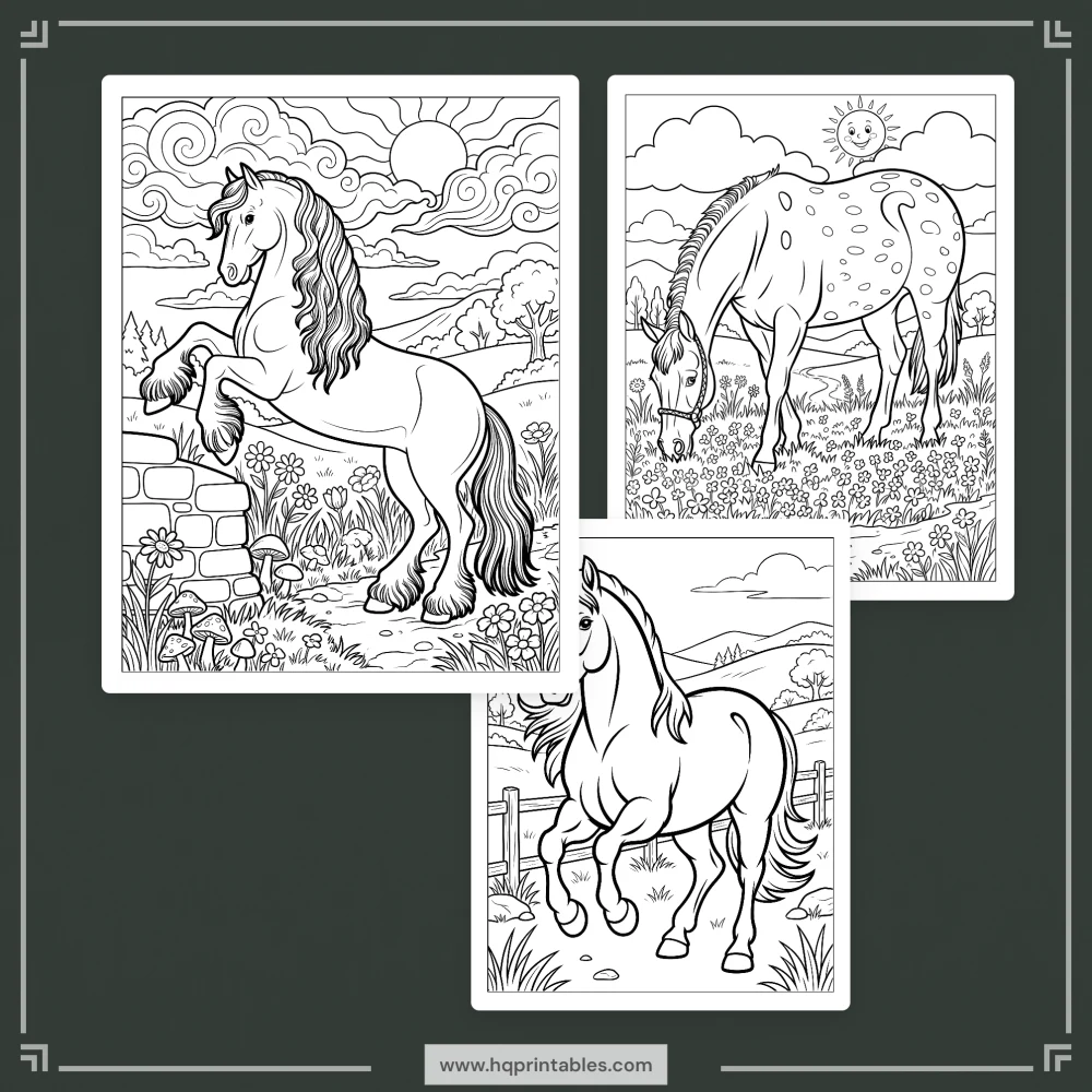A printable adult coloring page featuring realistic equine portraits of Arabian and Mustang horses.