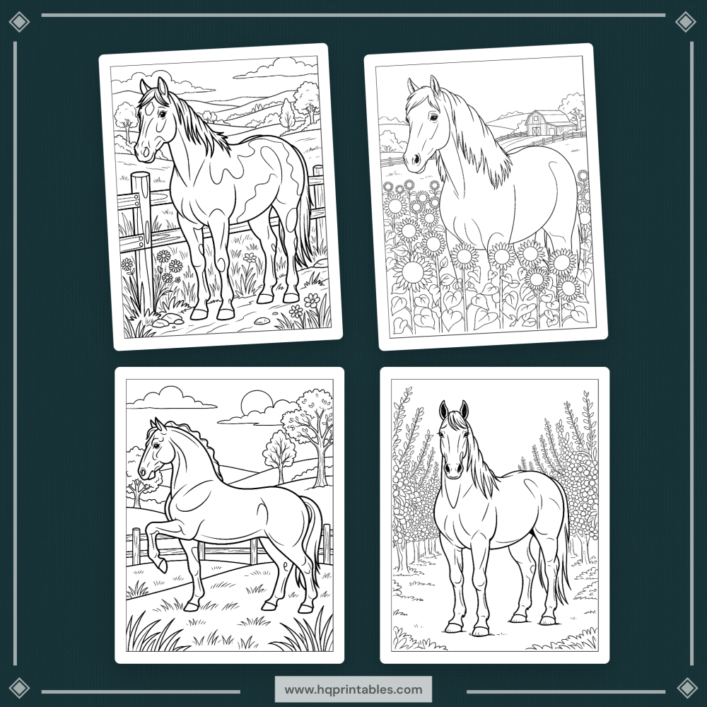 A printable adult coloring page featuring realistic equine portraits of Arabian and Mustang horses.