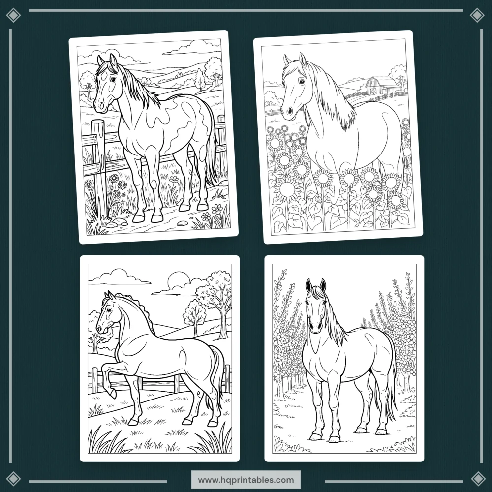 A printable adult coloring page featuring realistic equine portraits of Arabian and Mustang horses.
