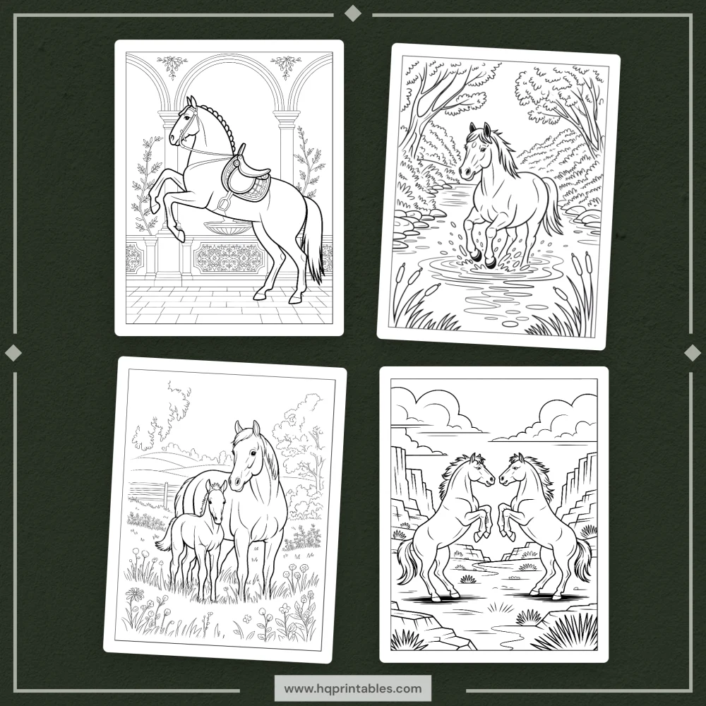 A printable adult coloring page featuring realistic equine portraits of Arabian and Mustang horses.