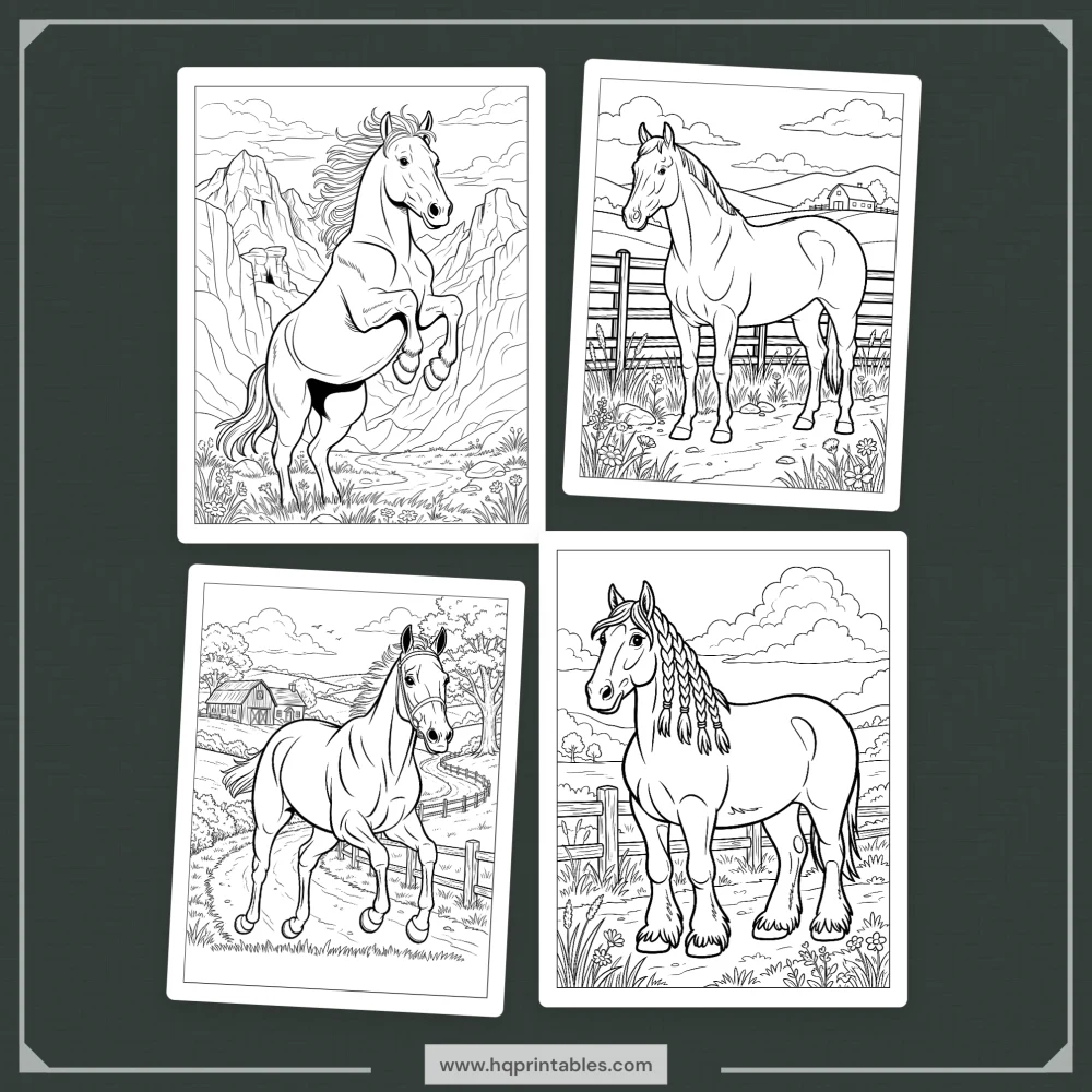 A printable adult coloring page featuring realistic equine portraits of Arabian and Mustang horses.