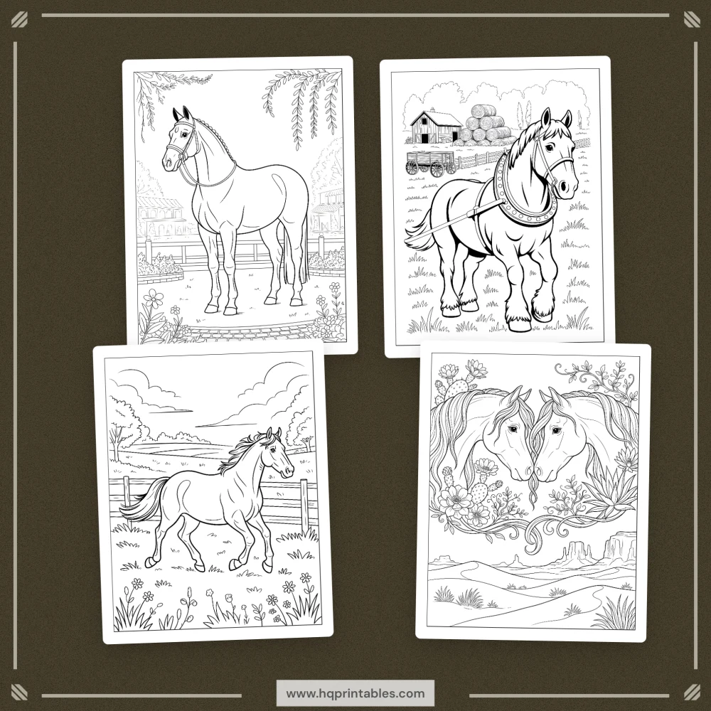 A printable adult coloring page featuring realistic equine portraits of Arabian and Mustang horses.