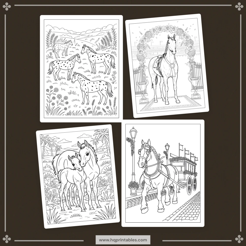 A printable adult coloring page featuring realistic equine portraits of Arabian and Mustang horses.