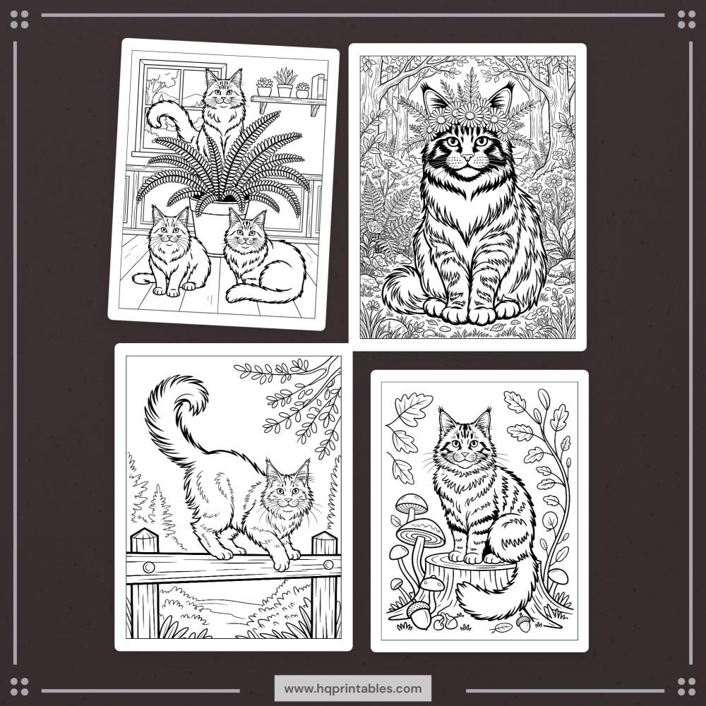 A printable adult coloring page featuring a majestic portrait of a Maine Coon cat.
