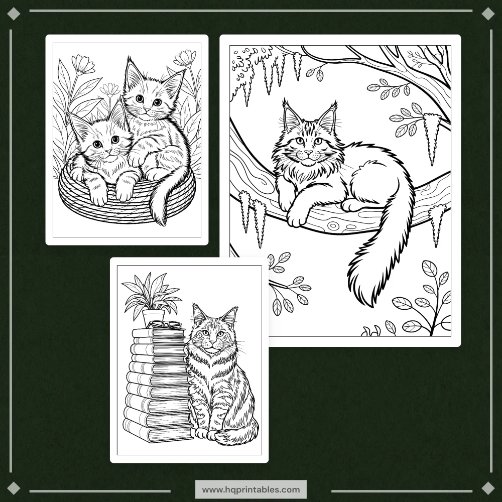 A printable adult coloring page featuring a majestic portrait of a Maine Coon cat.