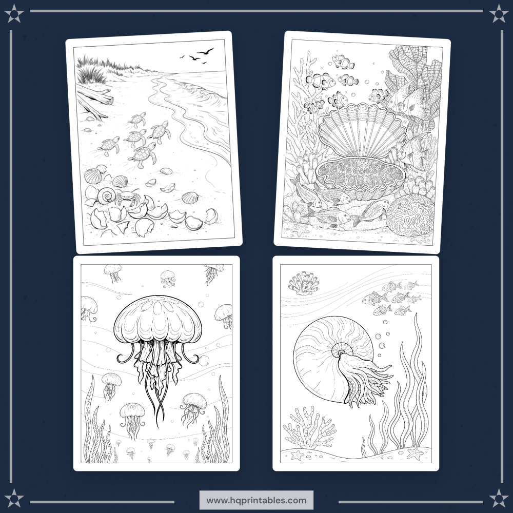 A printable adult coloring page featuring ocean animals including a whale, dolphin, sea turtle, and octopus.