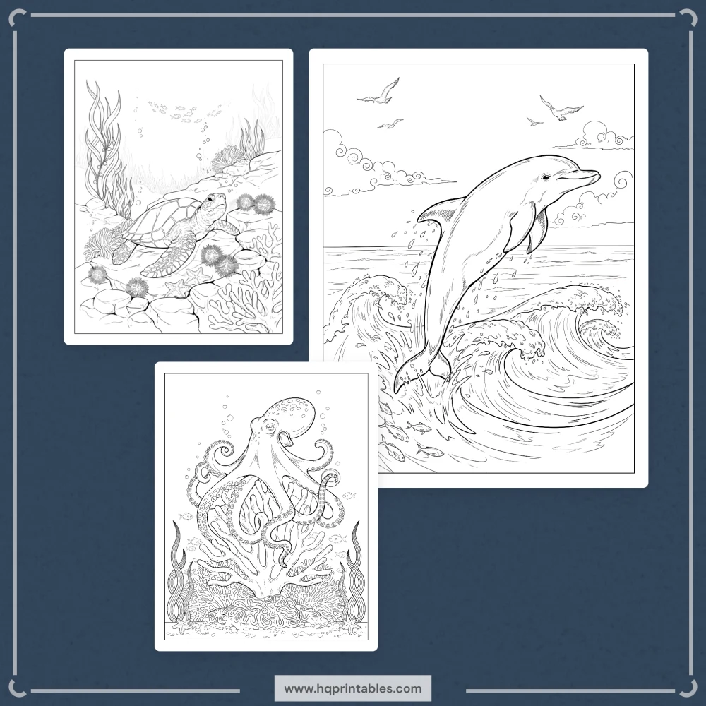 A printable adult coloring page featuring ocean animals including a whale, dolphin, sea turtle, and octopus.