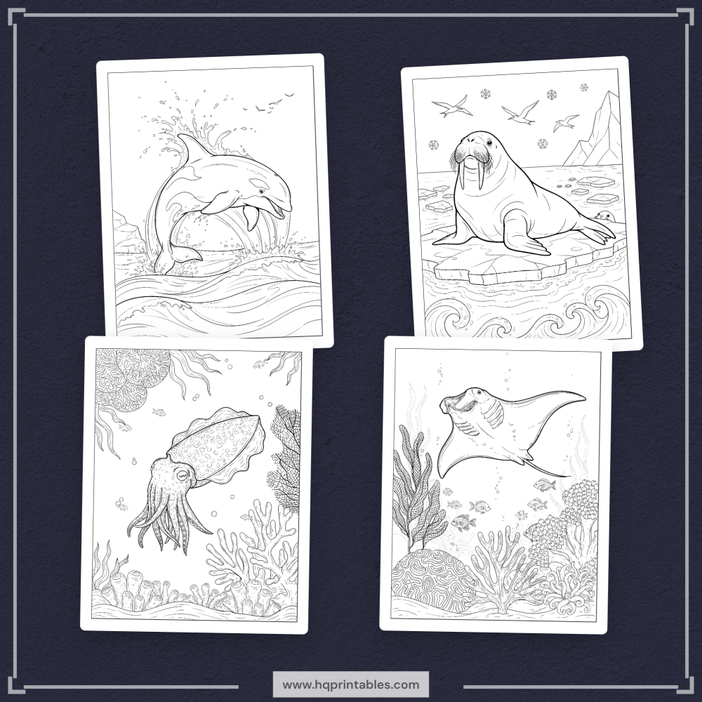 A printable adult coloring page featuring ocean animals including a whale, dolphin, sea turtle, and octopus.