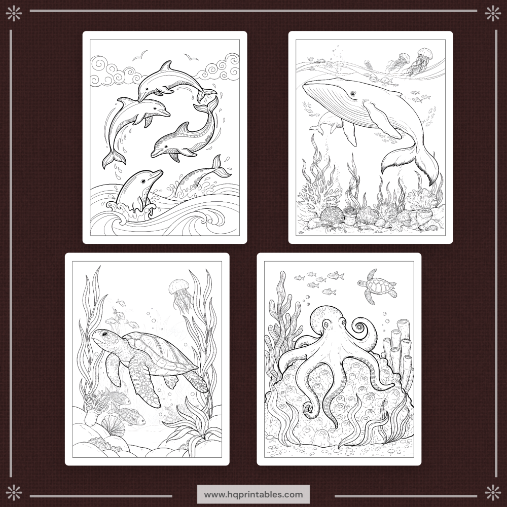 A printable adult coloring page featuring ocean animals including a whale, dolphin, sea turtle, and octopus.