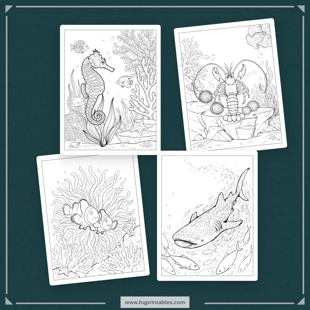 A printable adult coloring page featuring ocean animals including a whale, dolphin, sea turtle, and octopus.