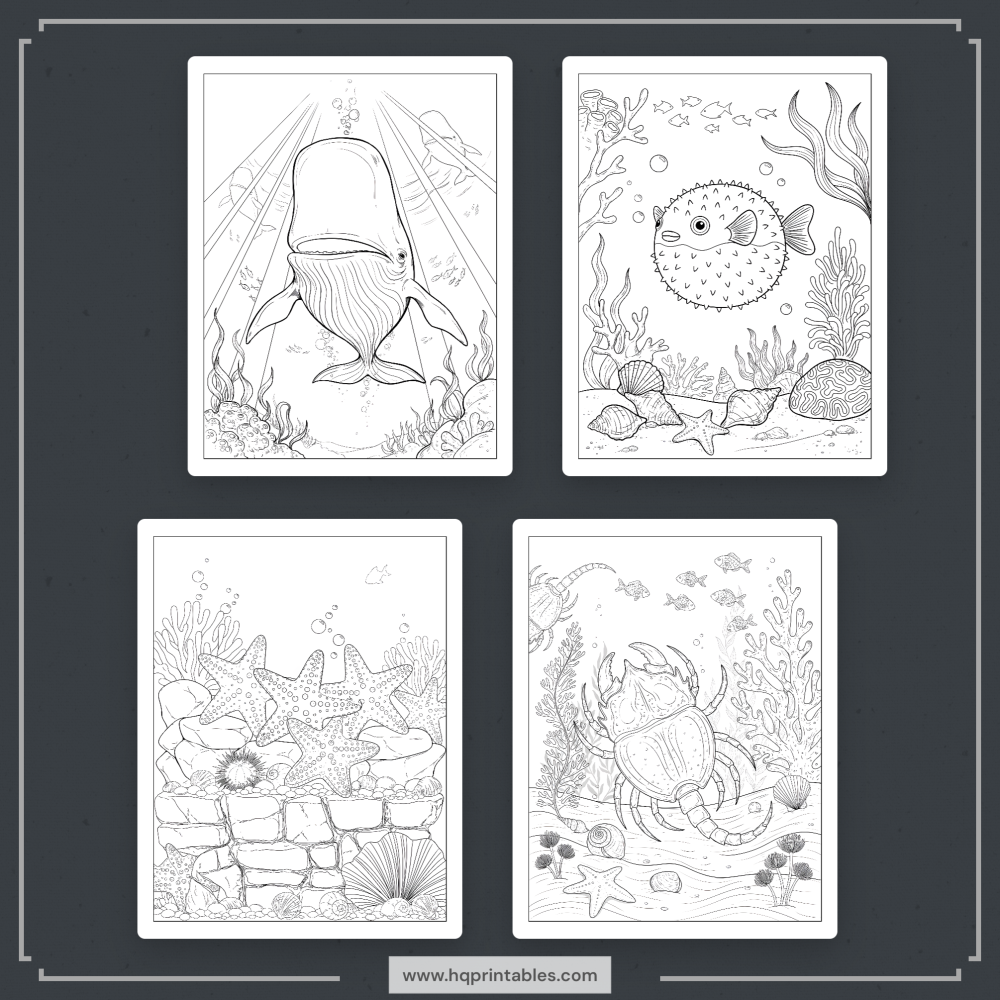 A printable adult coloring page featuring ocean animals including a whale, dolphin, sea turtle, and octopus.