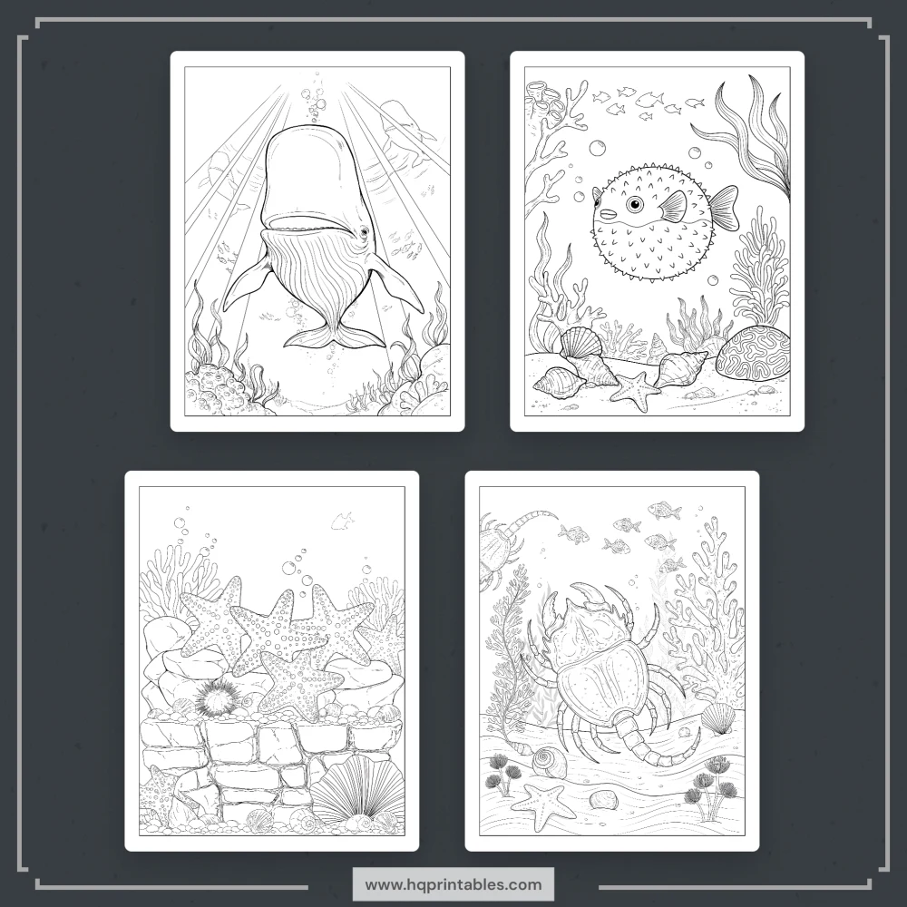 A printable adult coloring page featuring ocean animals including a whale, dolphin, sea turtle, and octopus.