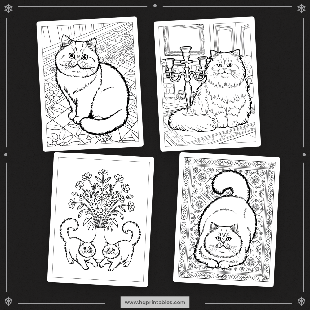 A printable adult coloring page featuring a fluffy Persian cat portrait.