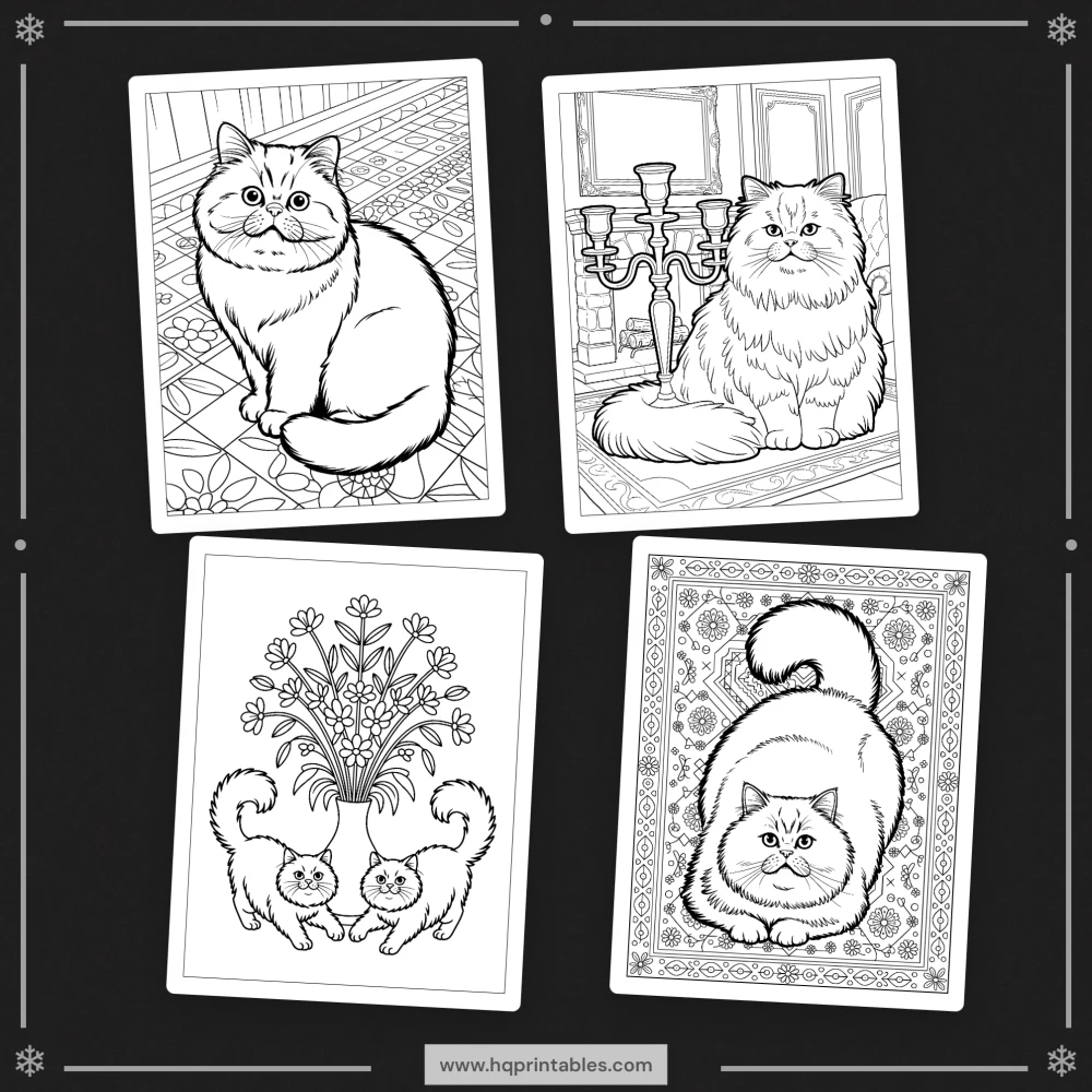 A printable adult coloring page featuring a fluffy Persian cat portrait.