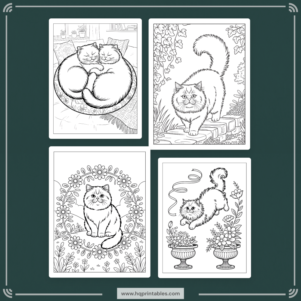 A printable adult coloring page featuring a fluffy Persian cat portrait.