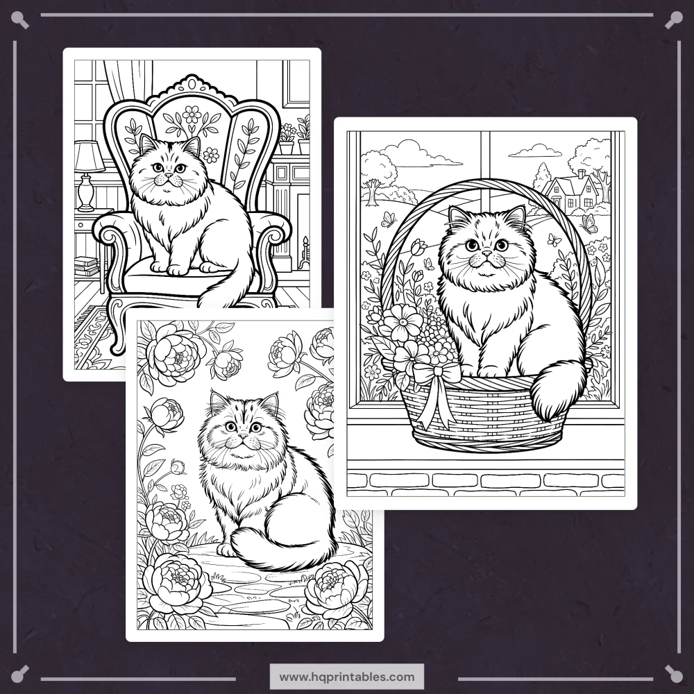 A printable adult coloring page featuring a fluffy Persian cat portrait.