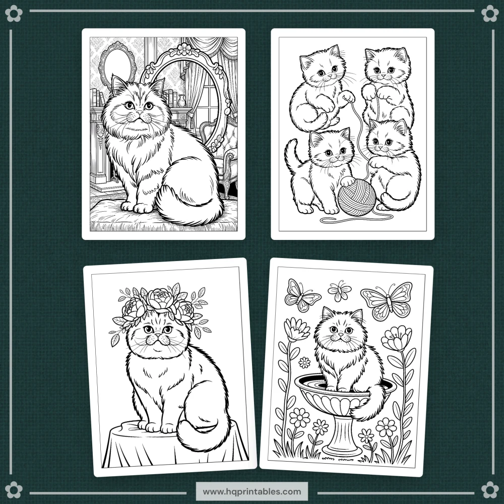 A printable adult coloring page featuring a fluffy Persian cat portrait.
