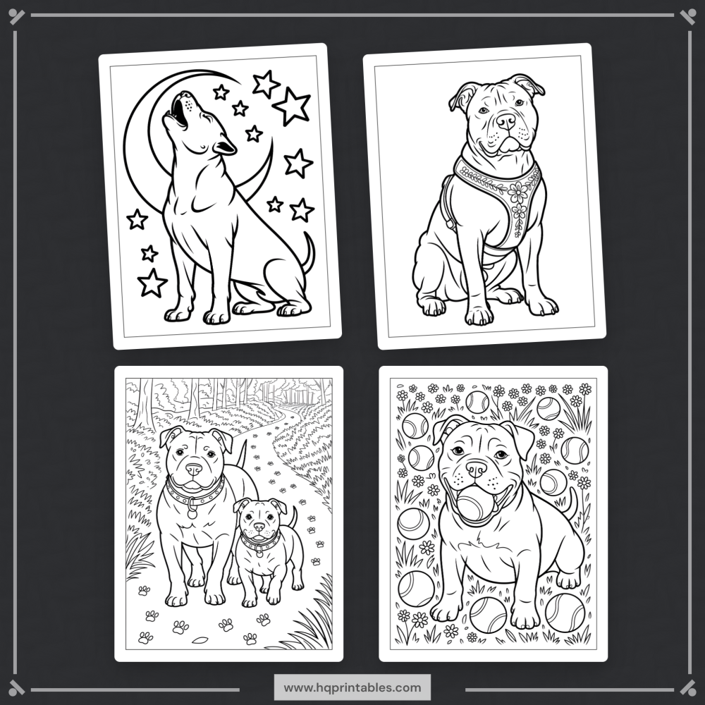 A printable adult coloring page featuring a realistic portrait of a Pitbull dog.