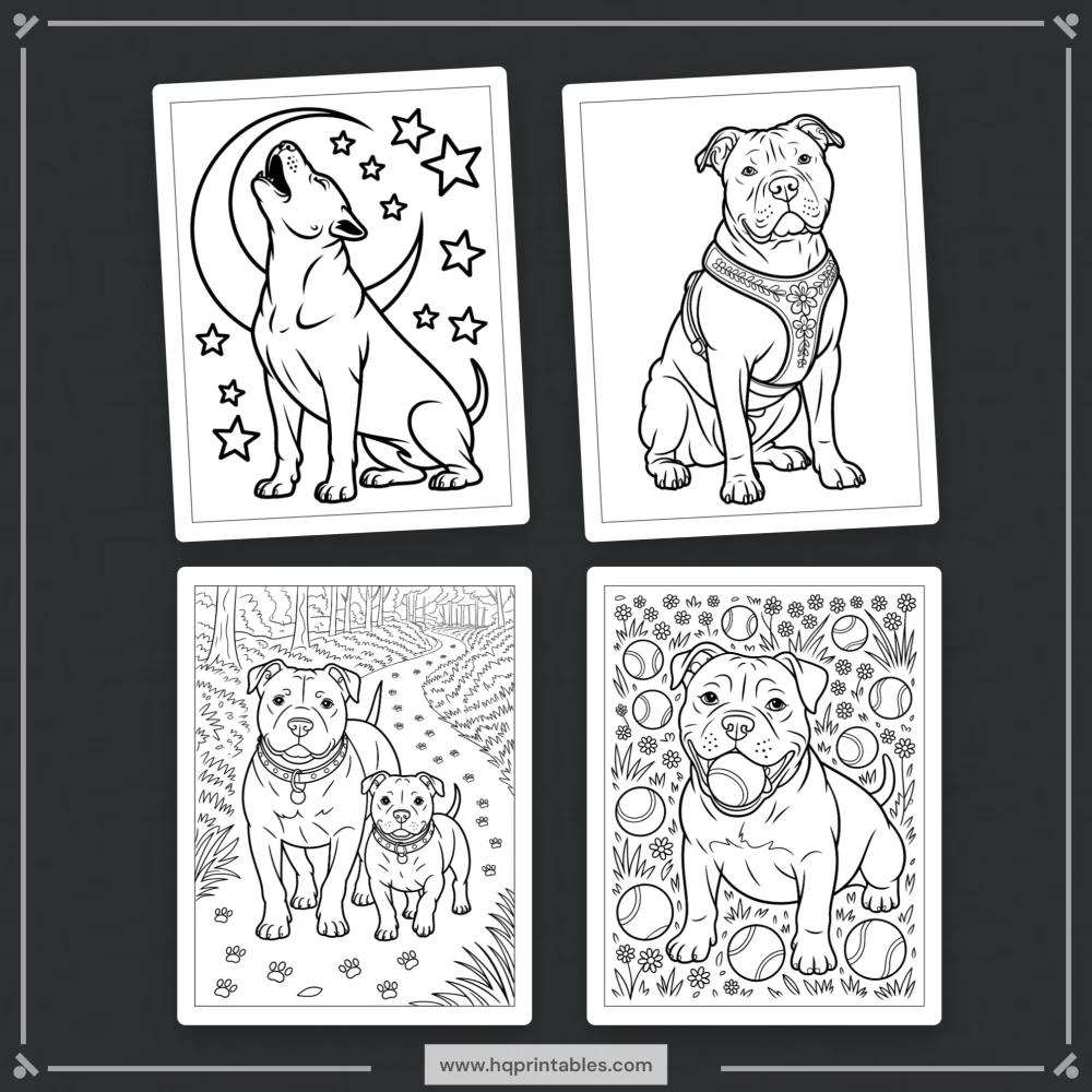 A printable adult coloring page featuring a realistic portrait of a Pitbull dog.