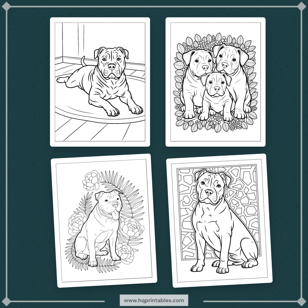 A printable adult coloring page featuring a realistic portrait of a Pitbull dog.