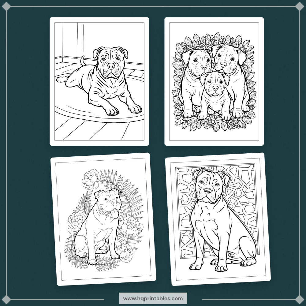 A printable adult coloring page featuring a realistic portrait of a Pitbull dog.
