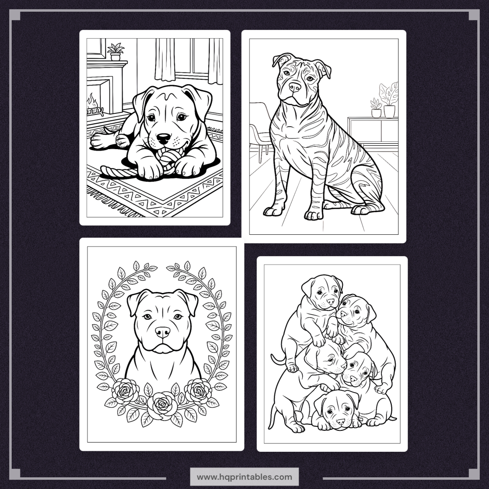A printable adult coloring page featuring a realistic portrait of a Pitbull dog.