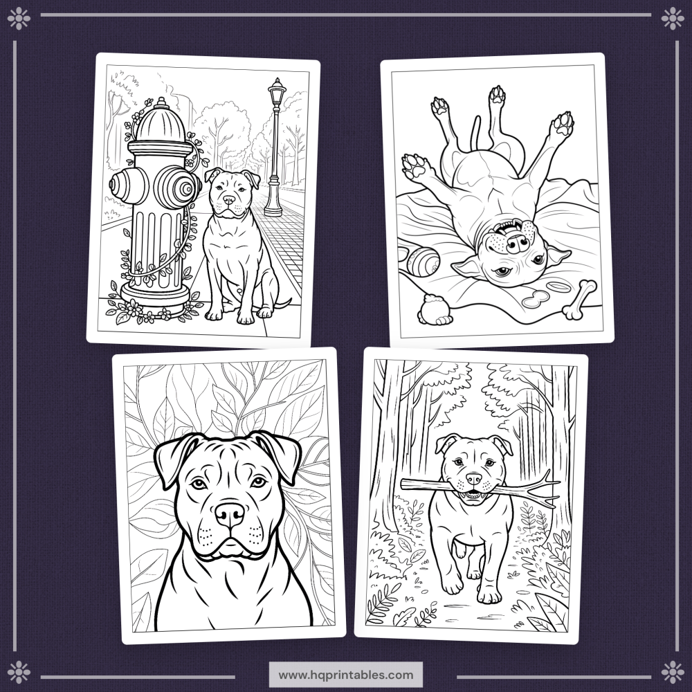 A printable adult coloring page featuring a realistic portrait of a Pitbull dog.