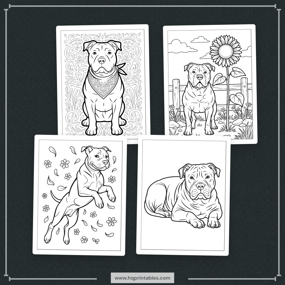 A printable adult coloring page featuring a realistic portrait of a Pitbull dog.