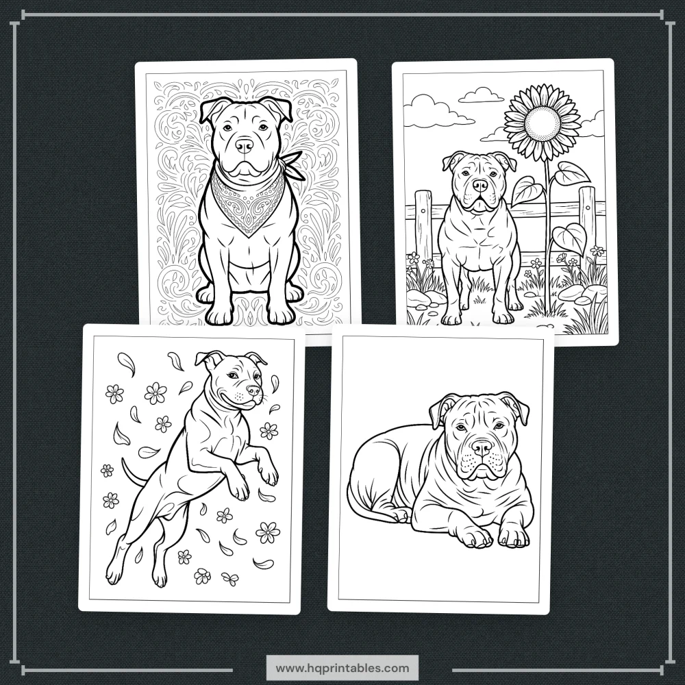 A printable adult coloring page featuring a realistic portrait of a Pitbull dog.