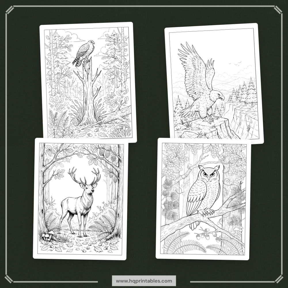 A printable adult coloring page featuring realistic forest wildlife, woodland animals, and nature scenes.