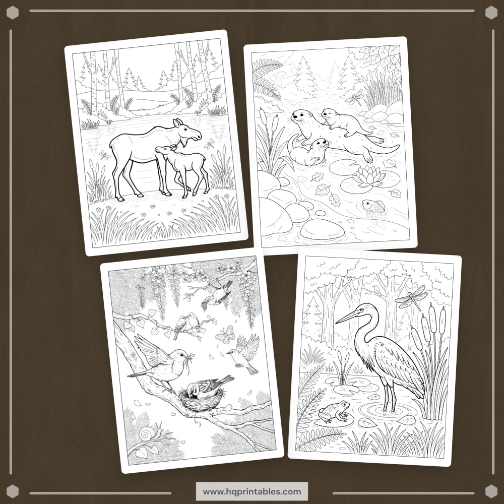 A printable adult coloring page featuring realistic forest wildlife, woodland animals, and nature scenes.