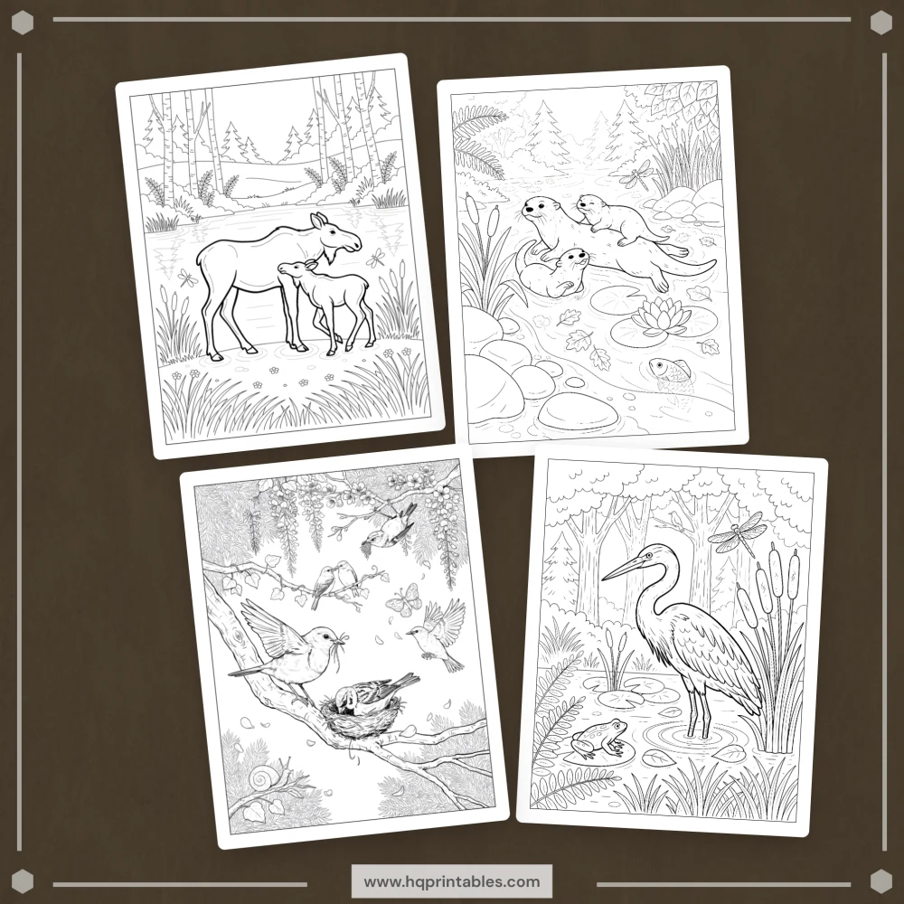A printable adult coloring page featuring realistic forest wildlife, woodland animals, and nature scenes.