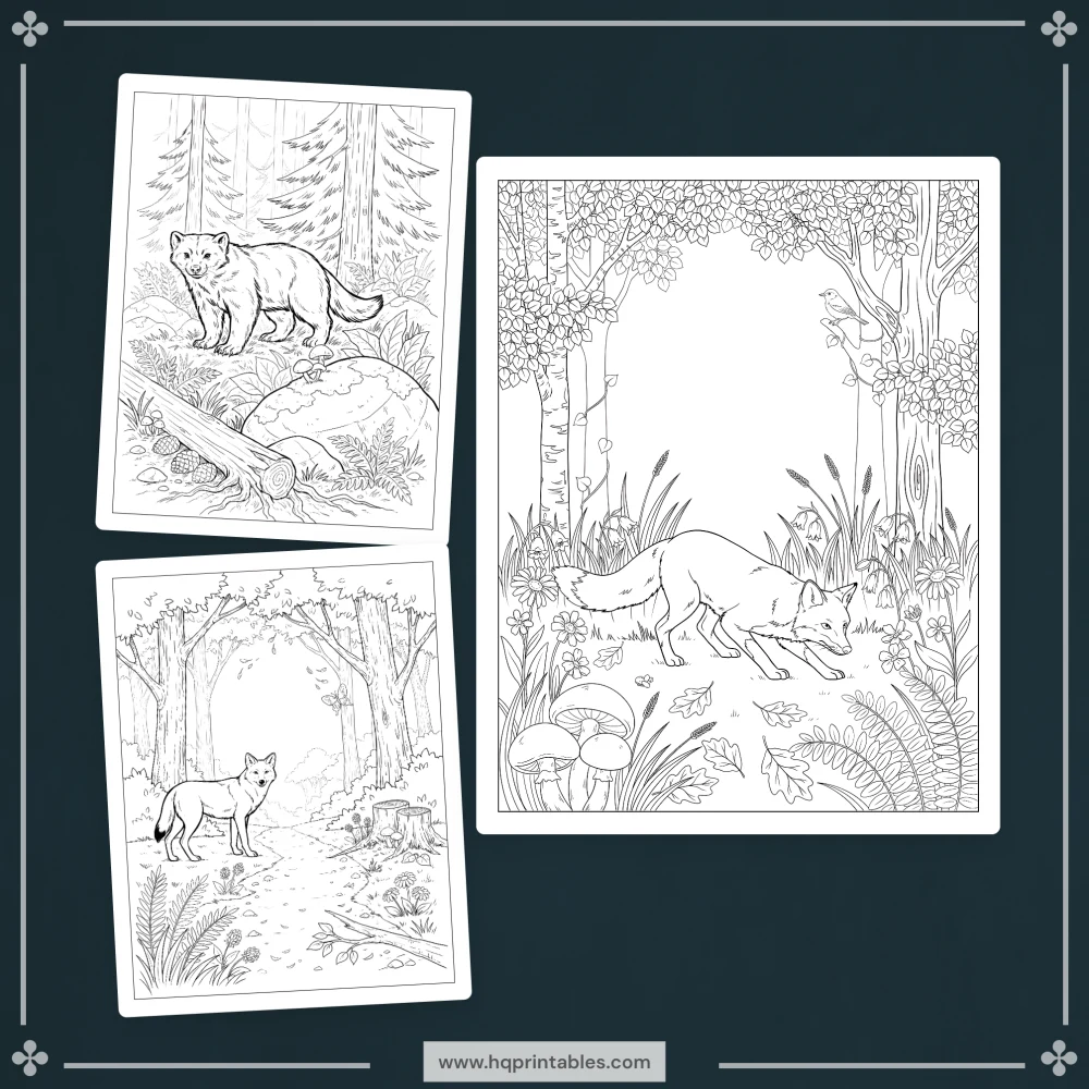 A printable adult coloring page featuring realistic forest wildlife, woodland animals, and nature scenes.