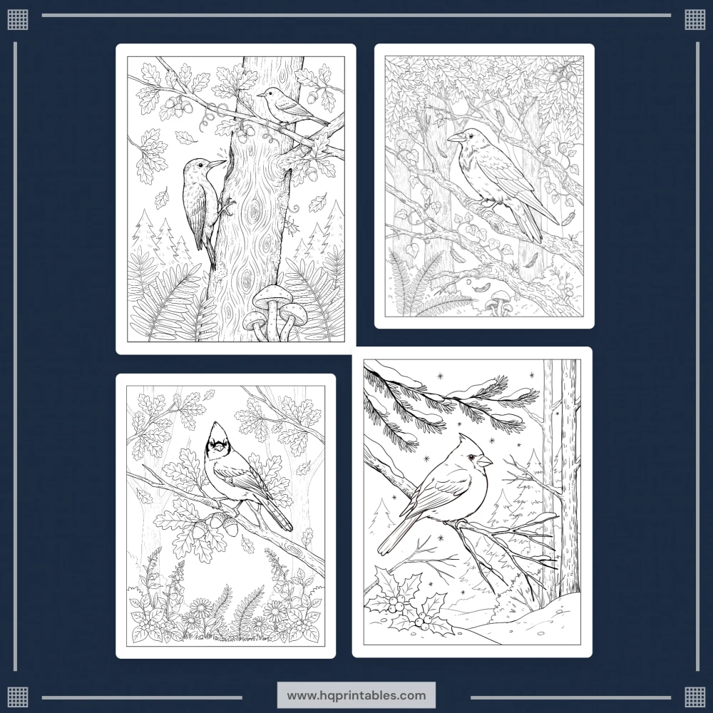 A printable adult coloring page featuring realistic forest wildlife, woodland animals, and nature scenes.
