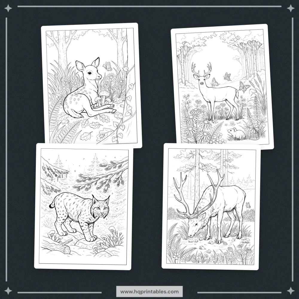 A printable adult coloring page featuring realistic forest wildlife, woodland animals, and nature scenes.