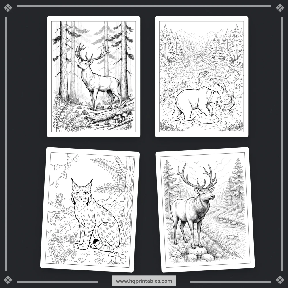 A printable adult coloring page featuring realistic forest wildlife, woodland animals, and nature scenes.