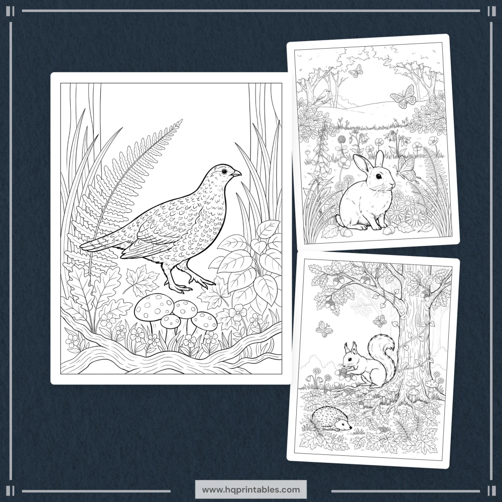 A printable adult coloring page featuring realistic forest wildlife, woodland animals, and nature scenes.