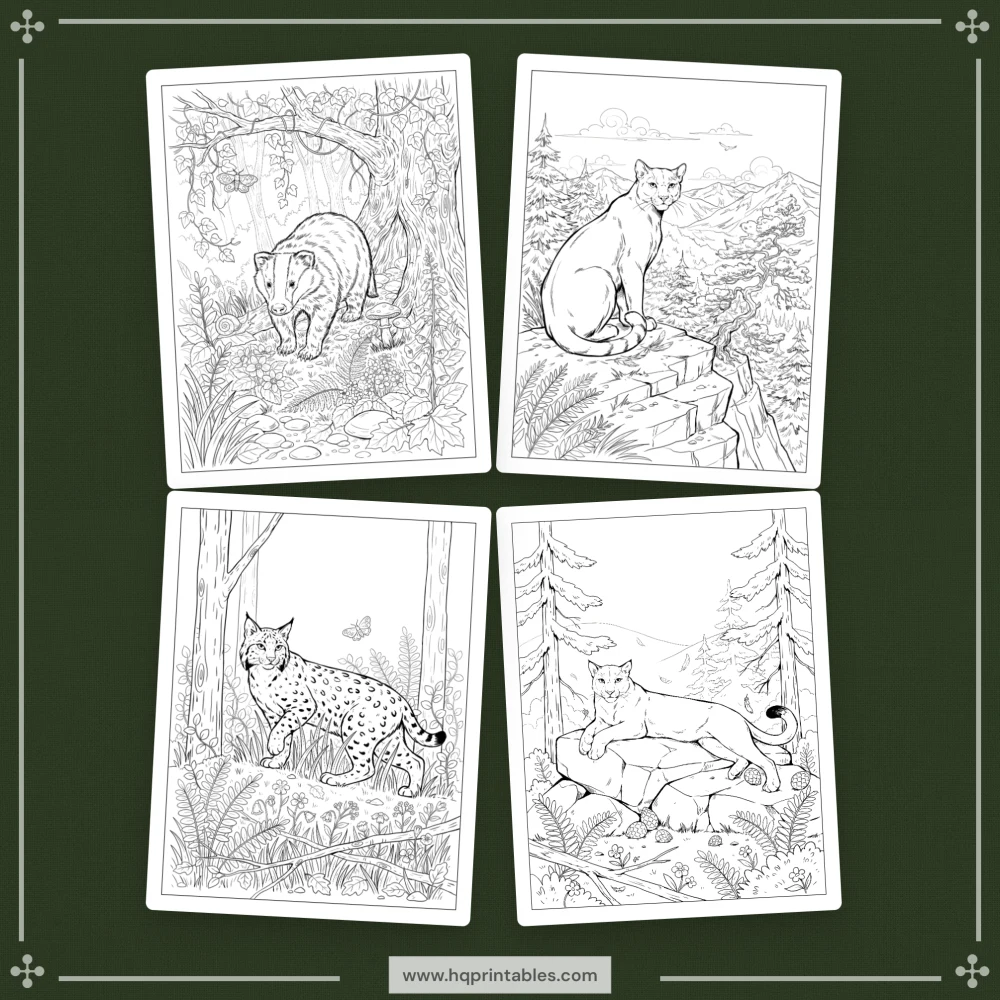 A printable adult coloring page featuring realistic forest wildlife, woodland animals, and nature scenes.