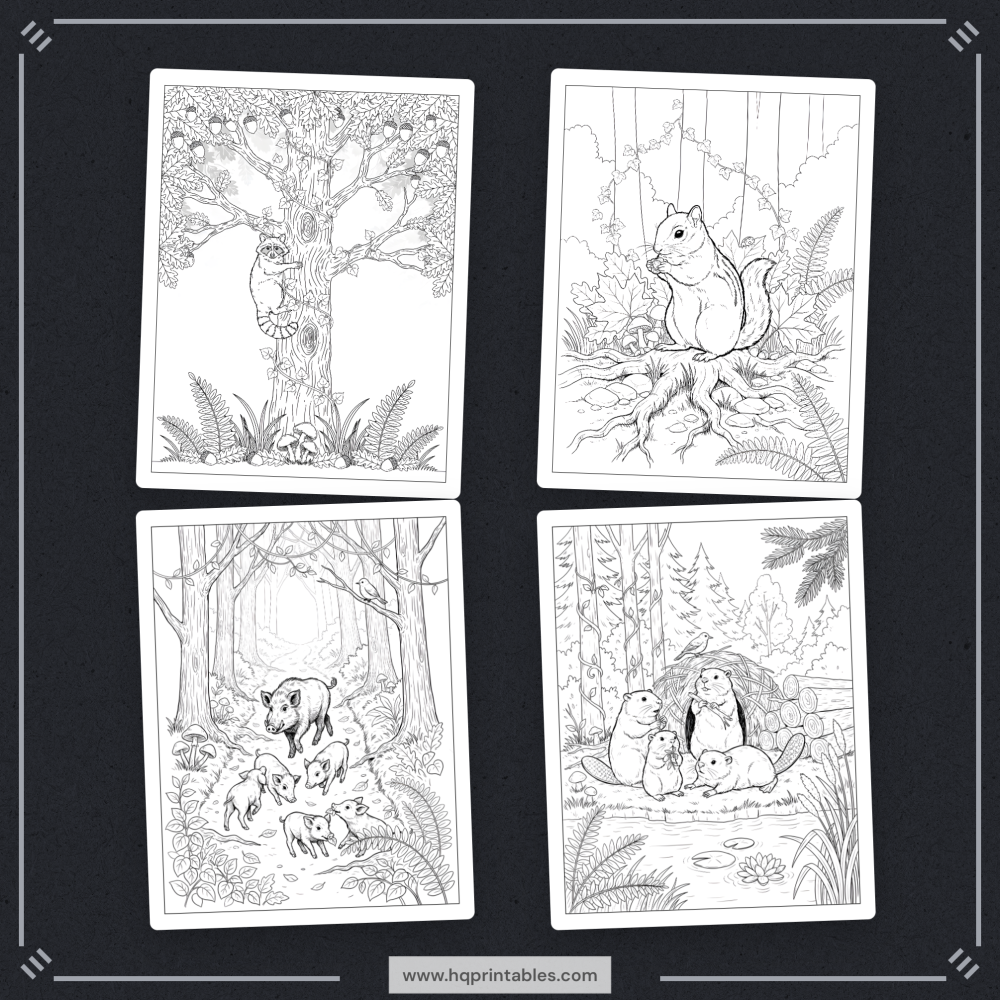 A printable adult coloring page featuring realistic forest wildlife, woodland animals, and nature scenes.