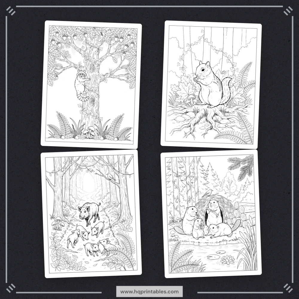 A printable adult coloring page featuring realistic forest wildlife, woodland animals, and nature scenes.