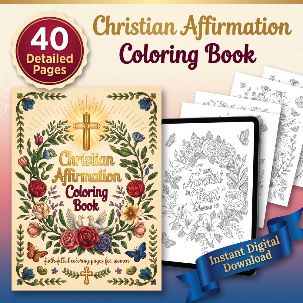 Printable Christian affirmation coloring book for women featuring faith devotional and adult Bible verse pages