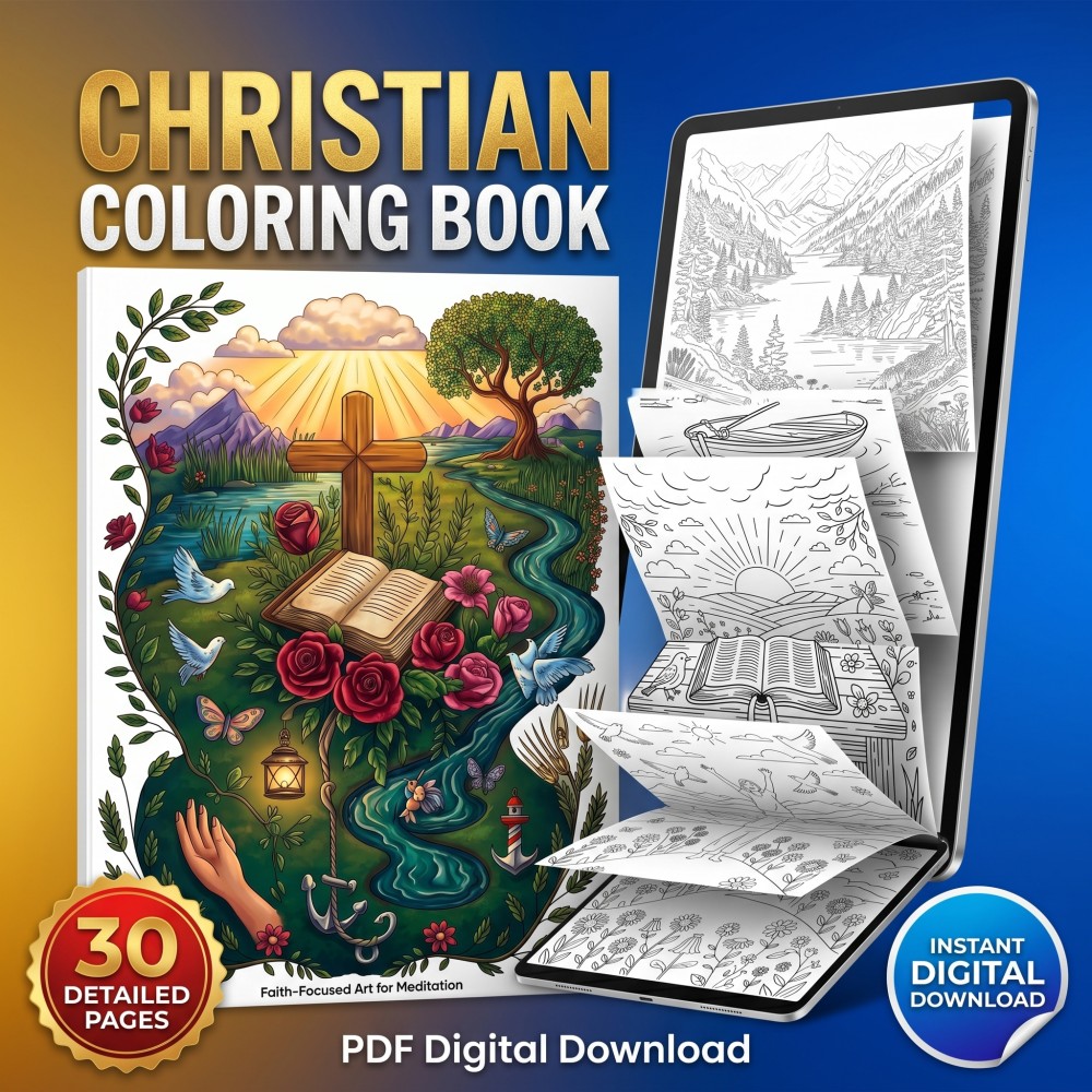 Digital download of printable Christian prayer coloring book featuring devotional faith pages for adults